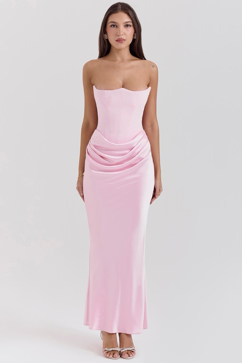Beautiful maxi wedding guest dress with strapless corset design, a stunning choice for formal parties.