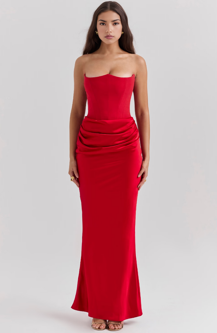 Sophisticated women's strapless maxi dress featuring a structured corset top, perfect for galas.