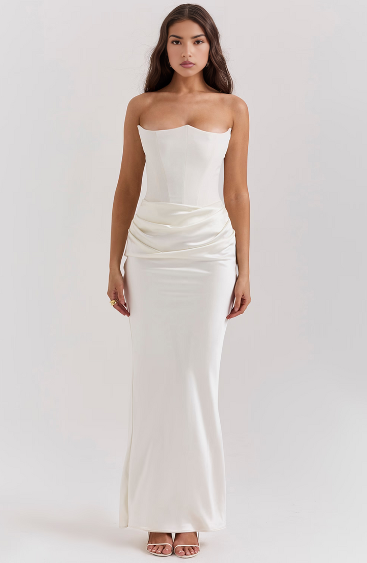 Formal strapless corset maxi dress for women, an elegant evening gown & wedding guest attire.