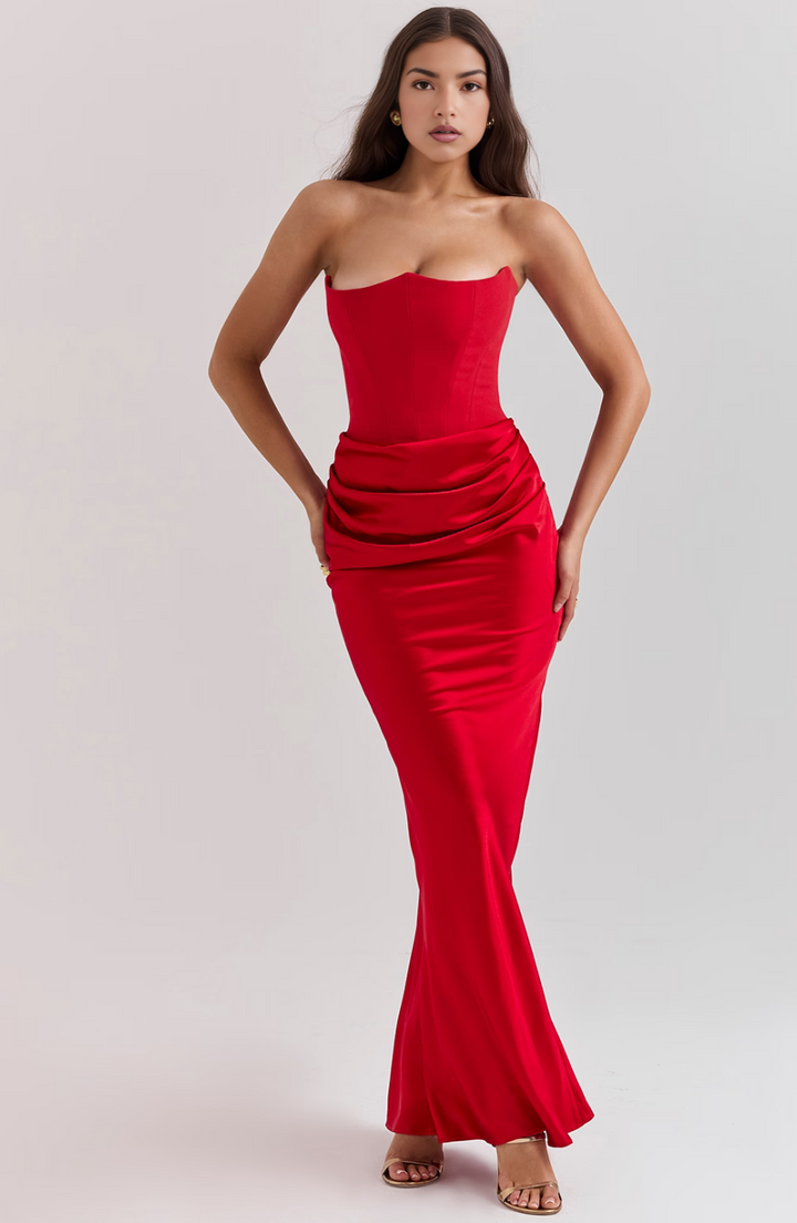 Versatile women's strapless maxi corset dress, suitable for wedding guests, formal events, & cocktail parties.