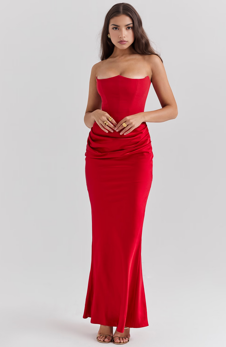 Sleek women's strapless maxi dress with a fitted corset bodice, an elegant formal evening gown option.