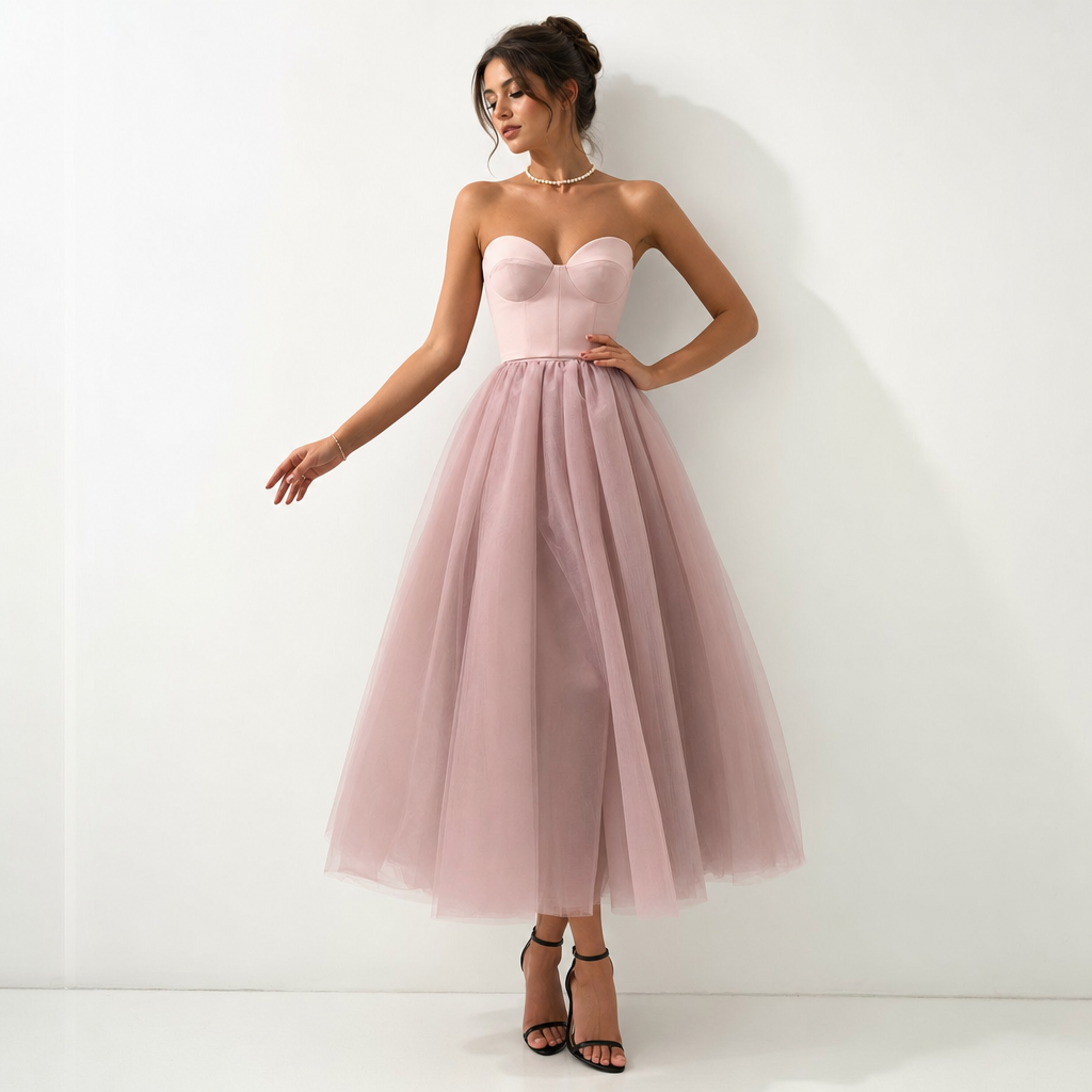 Romantic pink strapless formal dress for women, an elegant evening gown with a beautiful pleated skirt for special occasions.