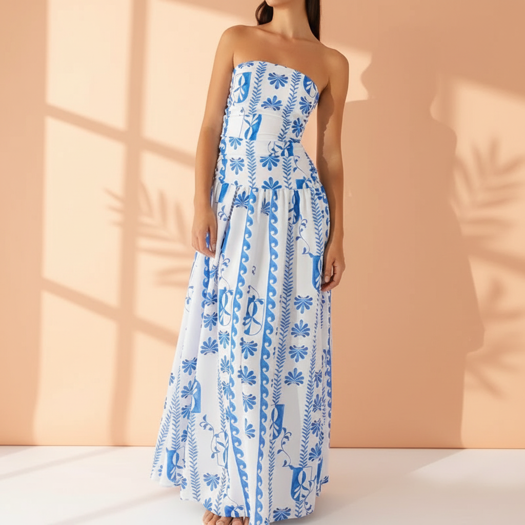 Elegant women's strapless maxi dress, perfect for summer evenings & resort wear.