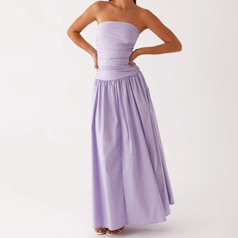 Comfortable elegant strapless maxi dress for women, perfect for summer evening strolls & events.