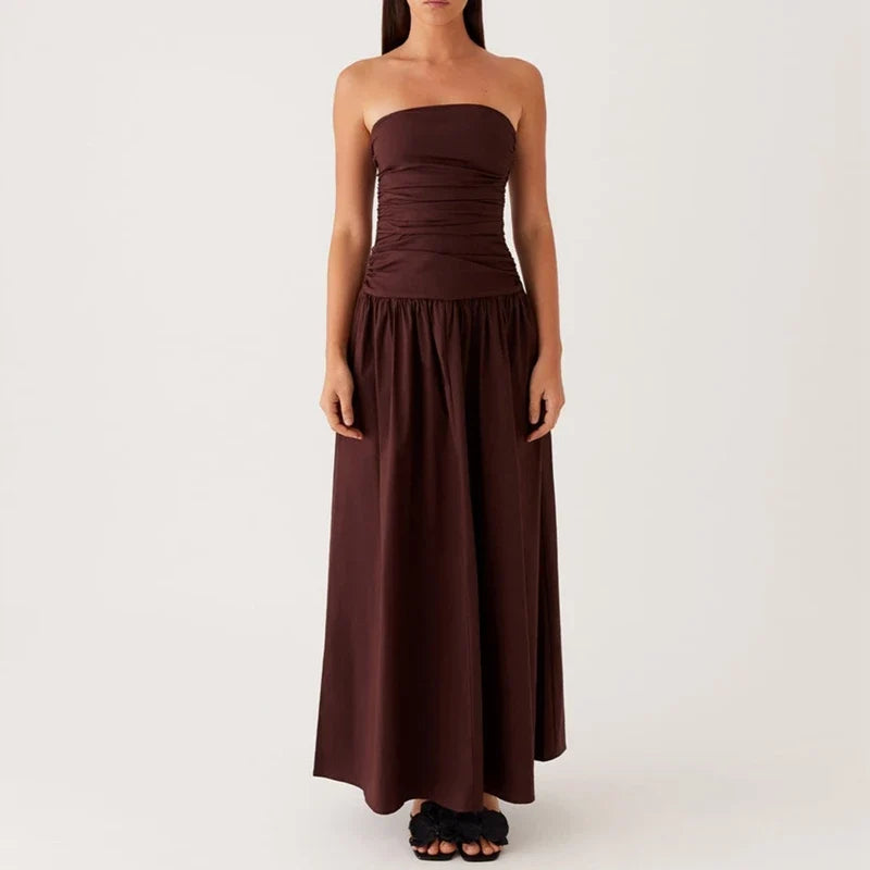 Beautiful women's strapless maxi dress, elegant and breezy for summer evening festivities.
