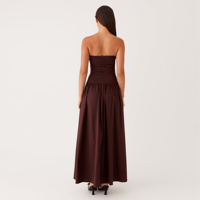 Elegant women's strapless summer maxi dress, ruched detail, perfect for evening events.