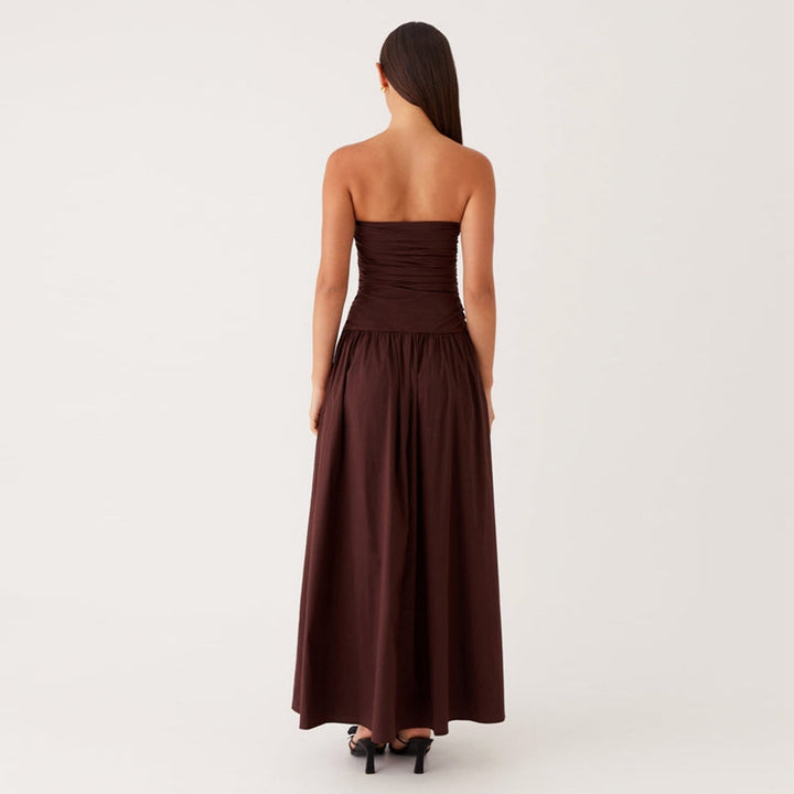 Elegant women's strapless summer maxi dress, ruched detail, perfect for evening events.