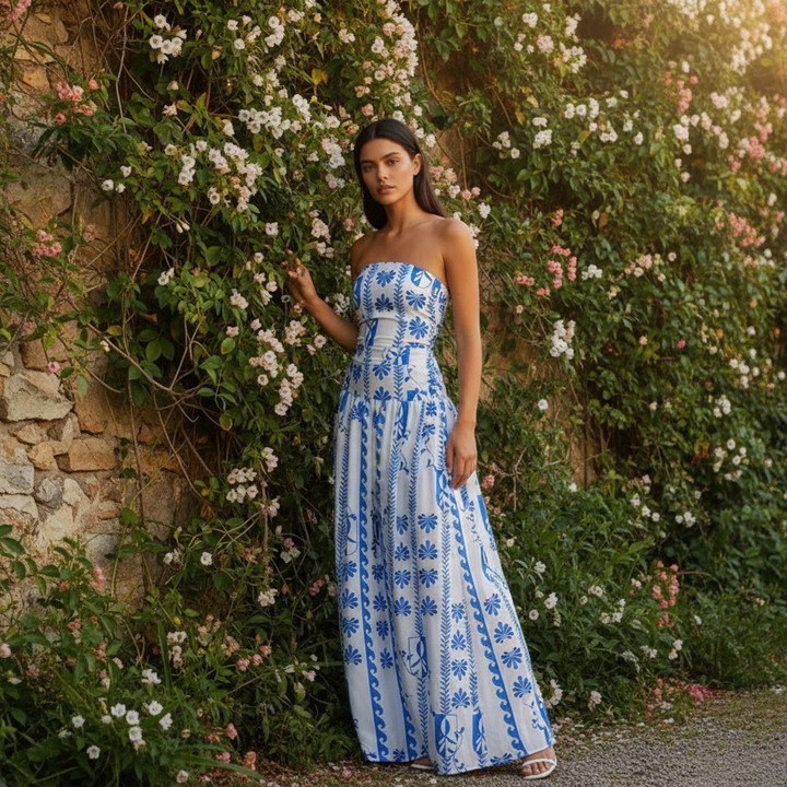 Chic strapless floor-length maxi dress for women, ideal for elegant summer evening events.