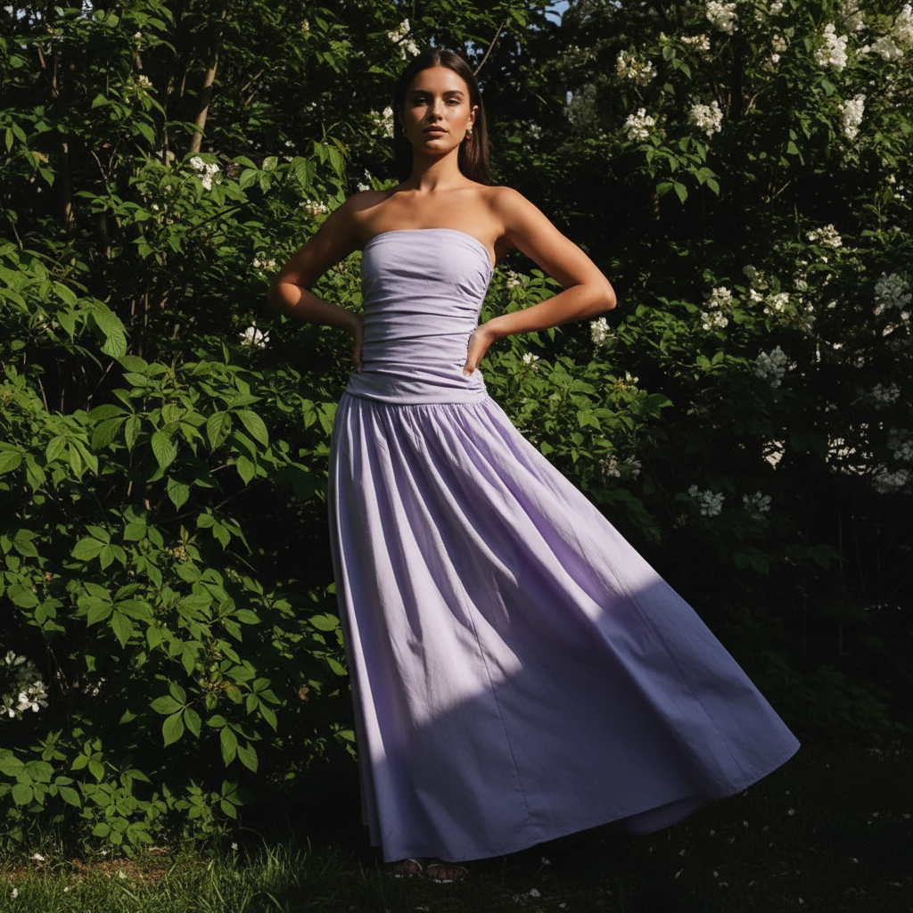 Flowing women's strapless maxi dress, elegant and stylish for summer evenings or resort wear.