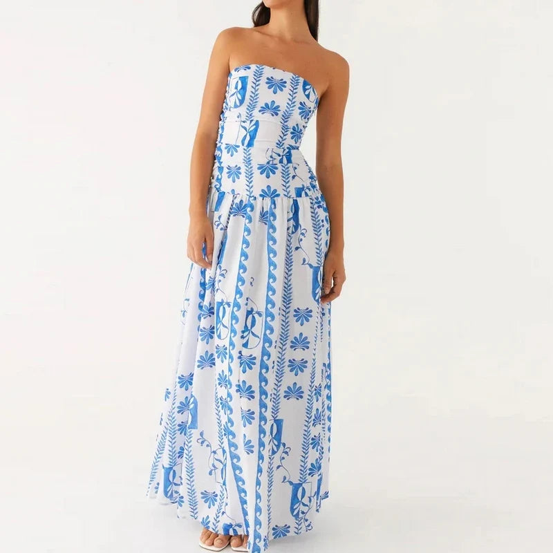 Sophisticated women's strapless maxi dress, floor-length, great for elegant summer evening parties.