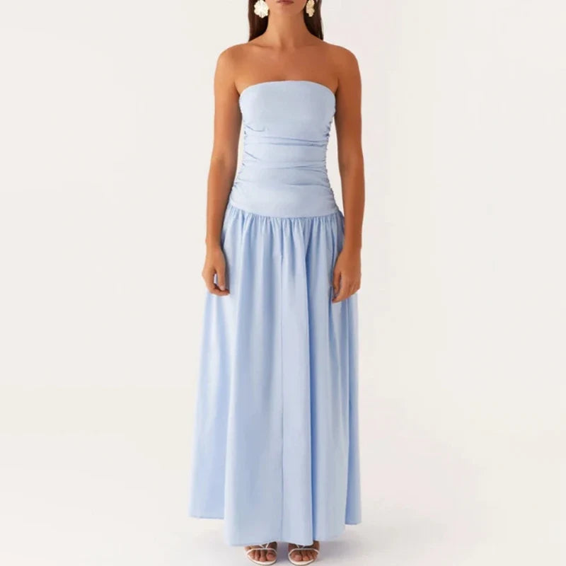 Graceful women's strapless maxi dress, ideal for elegant summer evening occasions & resort wear.
