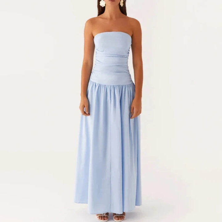 Graceful women's strapless maxi dress, ideal for elegant summer evening occasions & resort wear.