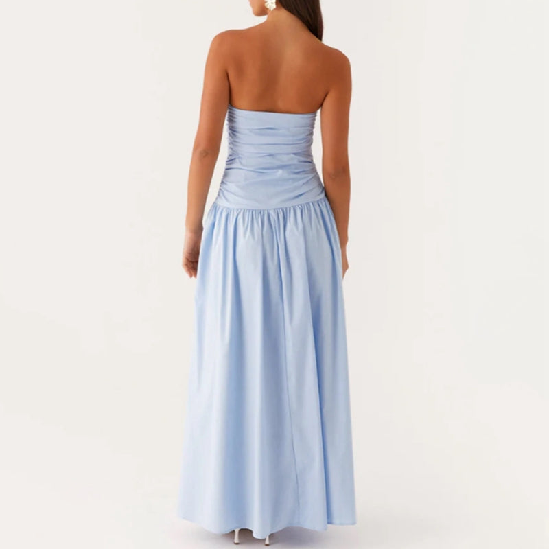 Stylish ruched strapless maxi dress, women's elegant floor-length design for summer evenings.