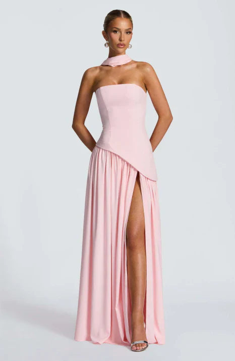 Graceful women's formal strapless maxi dress with a flowing silhouette. Ideal long evening gown for elegant occasions.