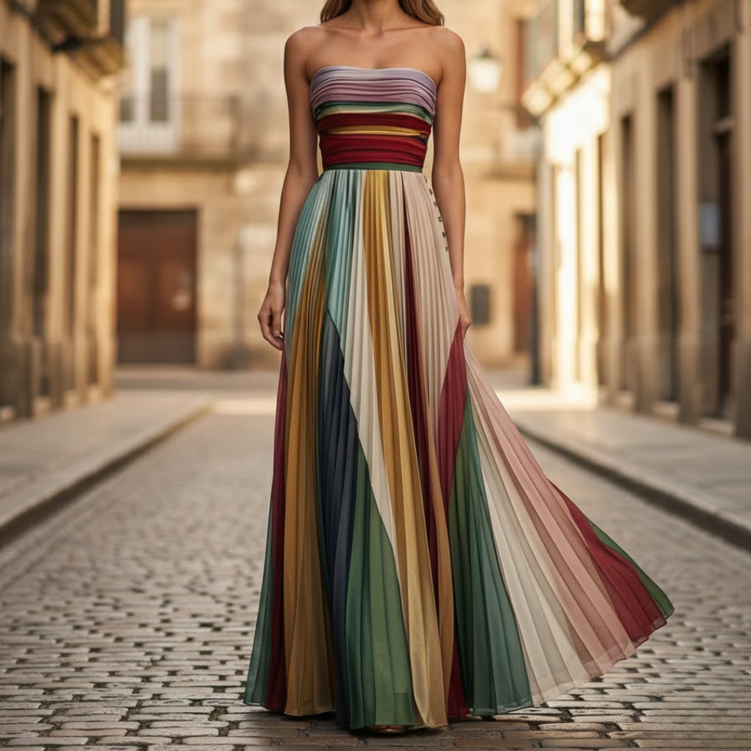 Elegant women's strapless pleated midi dress, perfect for summer parties, weddings, and special occasions.