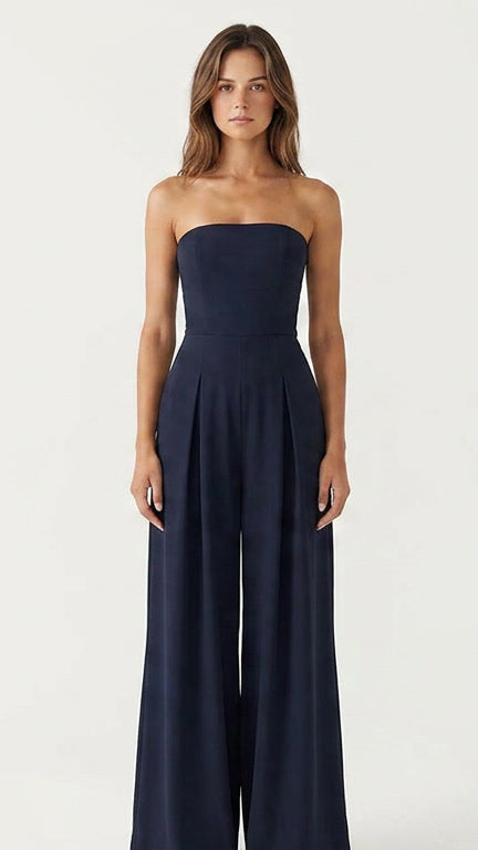 Elegant women's strapless wide-leg jumpsuit in black, perfect for evening wear & sophisticated style.