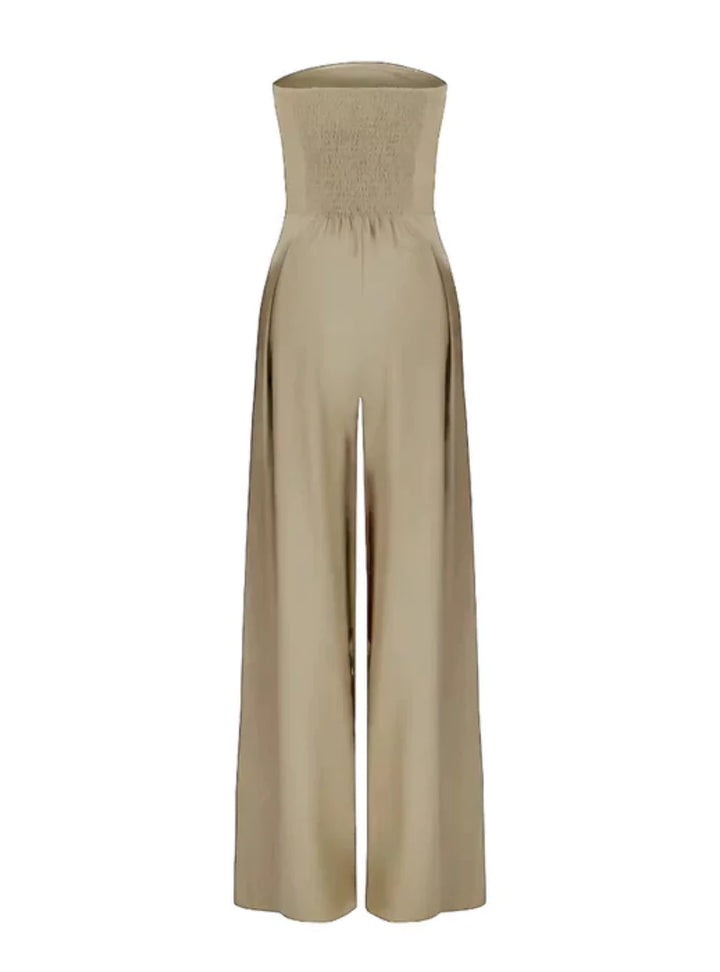Elegant tailored navy blue strapless wide-leg jumpsuit for women, perfect for evening wear & formal occasions.