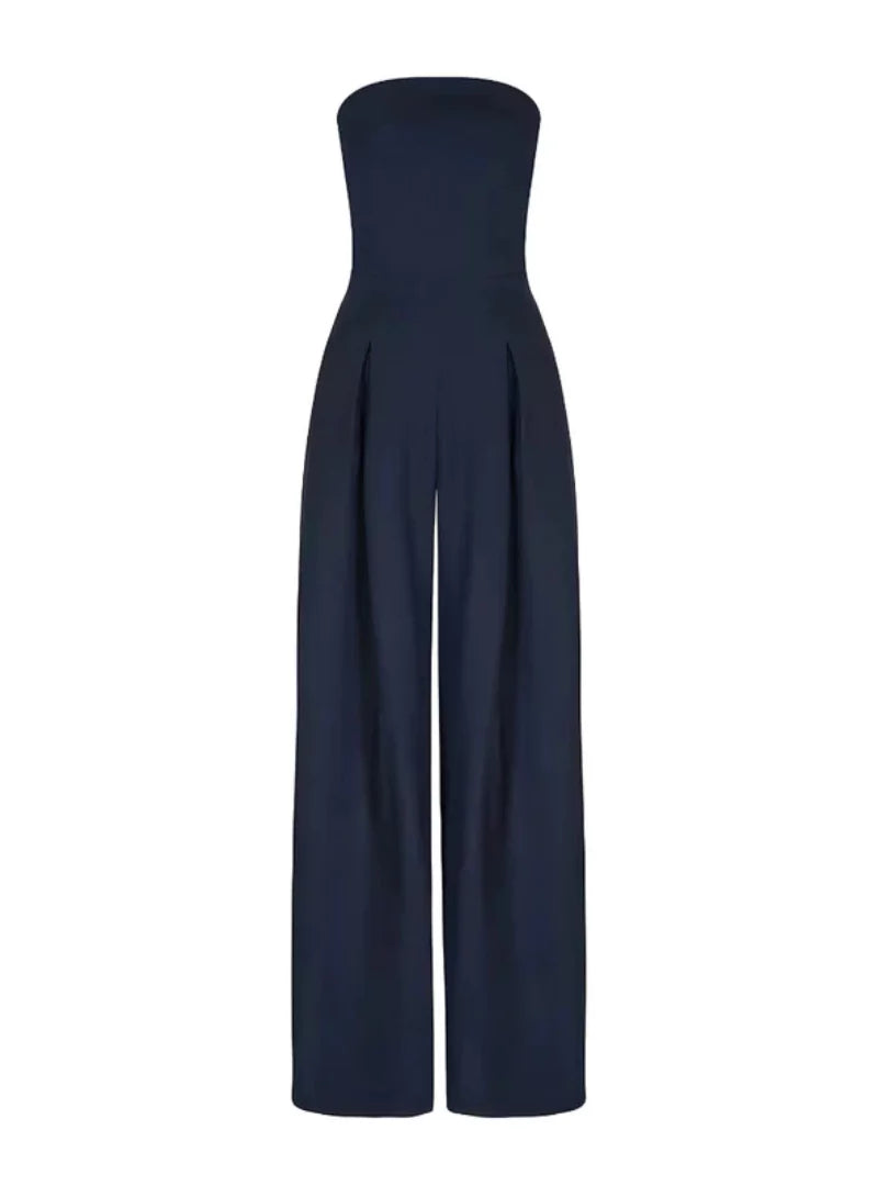 Chic beige strapless wide-leg jumpsuit for women, a stylish choice for summer fashion & elegant parties.
