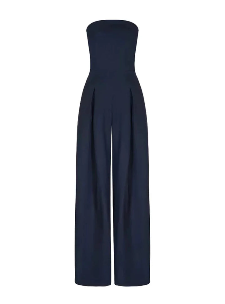 Chic beige strapless wide-leg jumpsuit for women, a stylish choice for summer fashion & elegant parties.