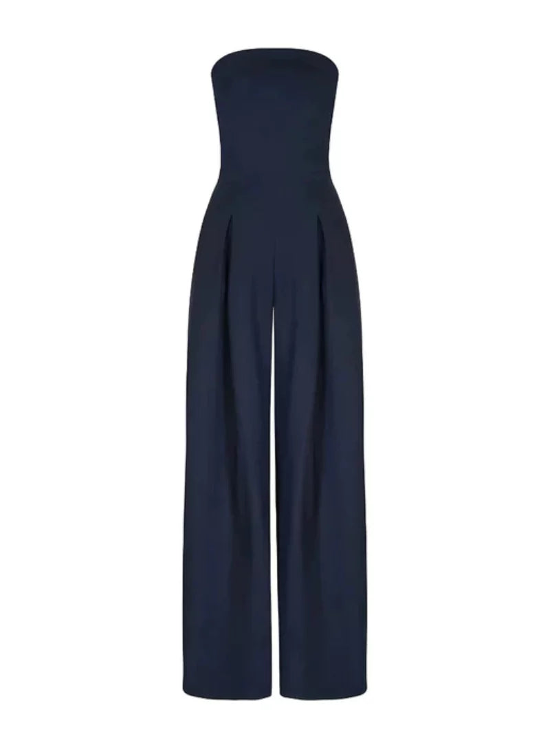 Versatile women's elegant strapless jumpsuit with wide legs, comfortable for sophisticated evening wear.