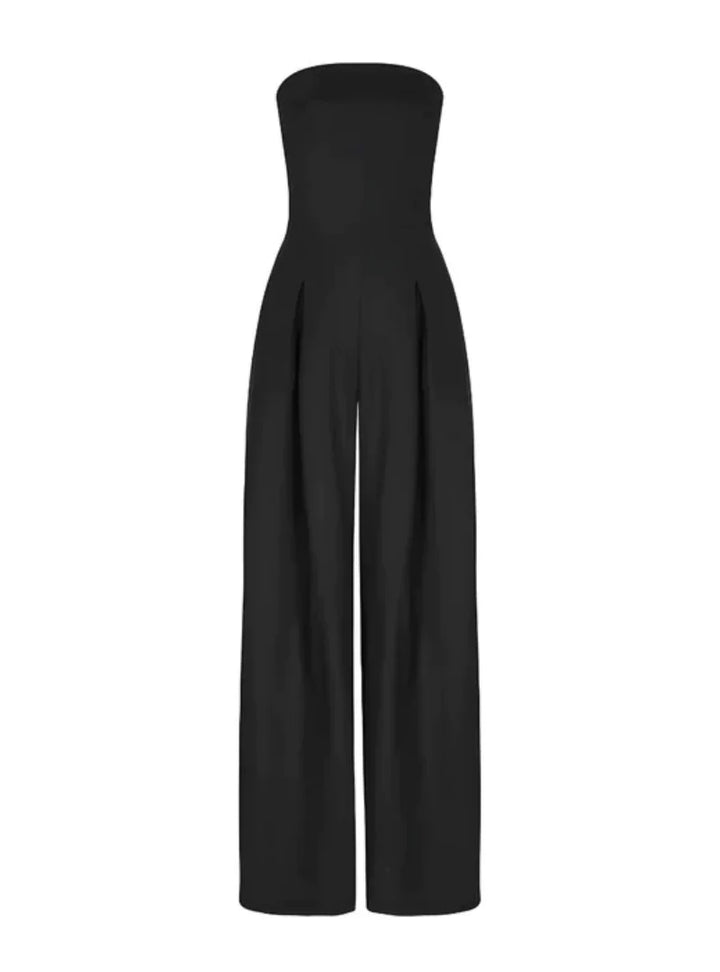 Timeless elegant black strapless wide-leg jumpsuit, ideal formal wear for women's special events.