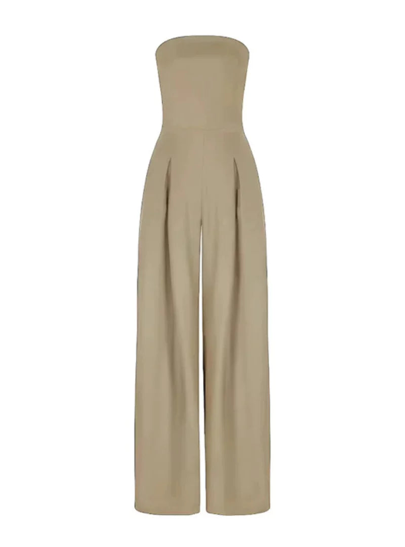 Stylish women's strapless wide-leg jumpsuit in black, an elegant party outfit for any sophisticated event.