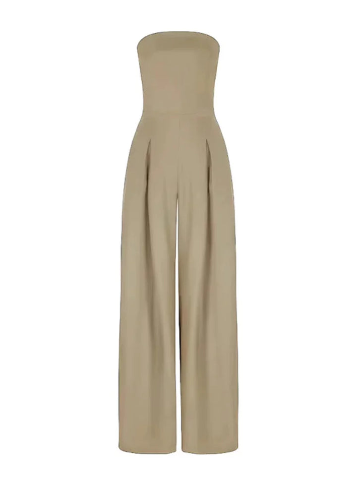Stylish women's strapless wide-leg jumpsuit in black, an elegant party outfit for any sophisticated event.