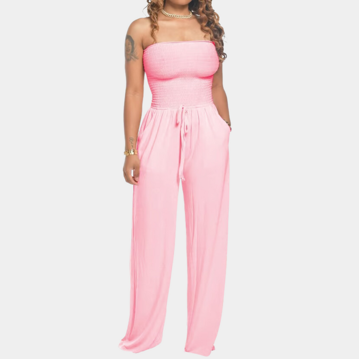 Casual chic women's bandeau wide-leg jumpsuit, comfortable & stylish for summer wear.