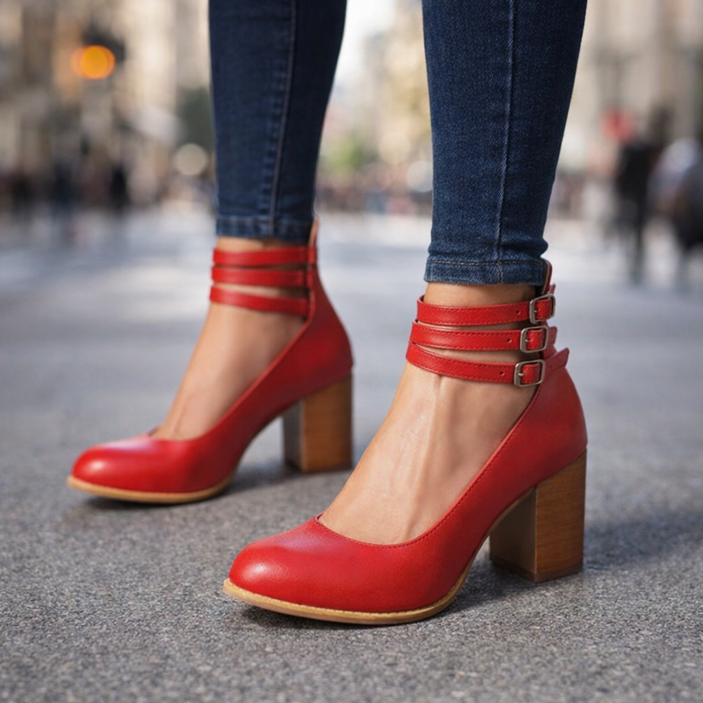 Elegant women's strappy block heels with ankle strap, perfect for evening wear & formal events.