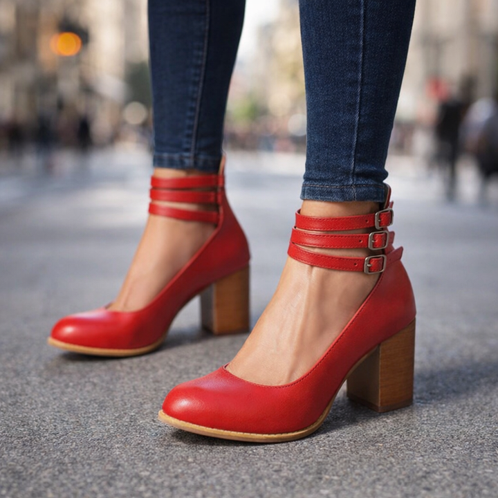 Elegant women's strappy block heels with ankle strap, perfect for evening wear & formal events.