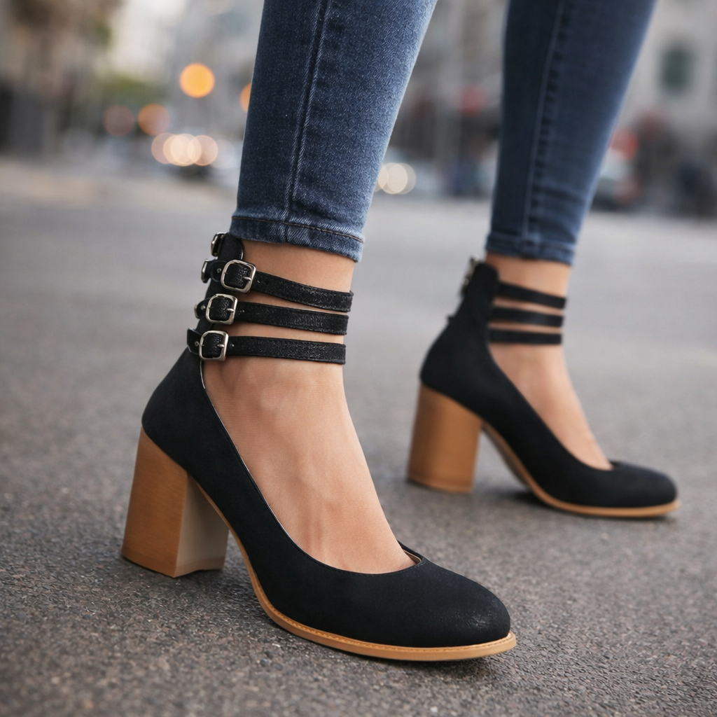 Chic women's fashion pumps featuring comfortable block heels and stylish strappy design.