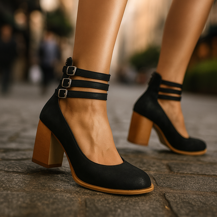 Sophisticated women's evening shoes: black strappy block heels offering both style & comfort.