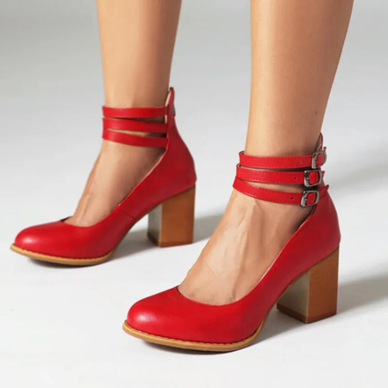 Modern women's formal heels; featuring a sleek strappy design and stable block heel for confidence.