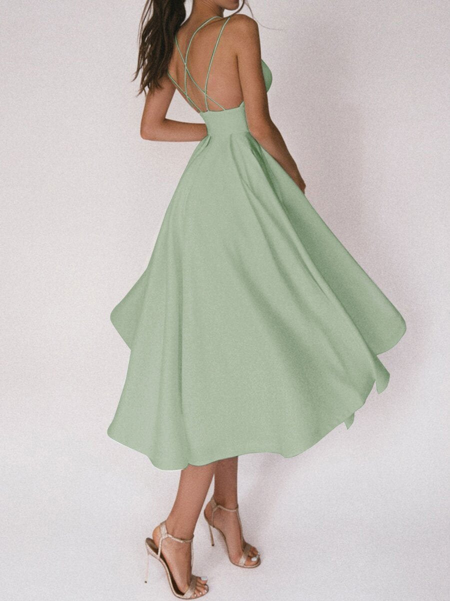 Elegant women's strappy V-neck midi dress, perfect for summer parties & occasions.