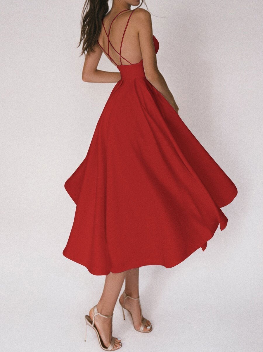 Elegant women's sleeveless V-neck midi dress, a stylish choice for formal events.