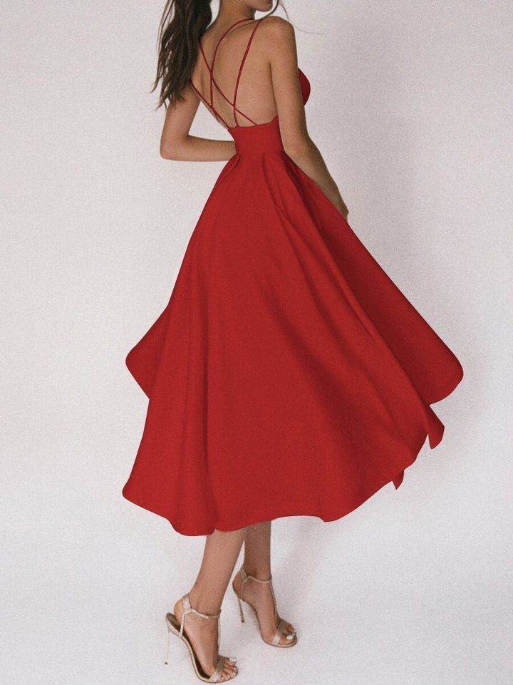 Elegant women's sleeveless V-neck midi dress, a stylish choice for formal events.