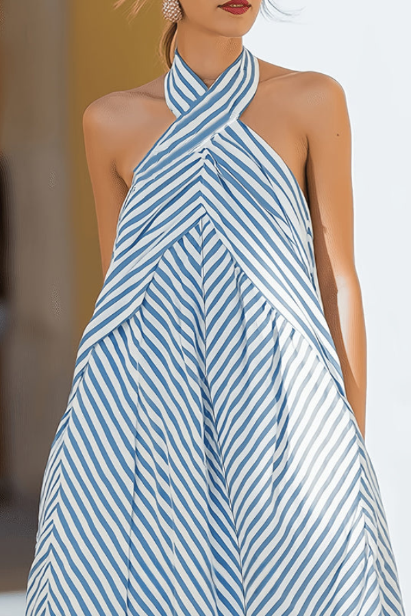 Stylish striped halter neck maxi dress for women, a comfortable summer vacation outfit with keyhole detail.