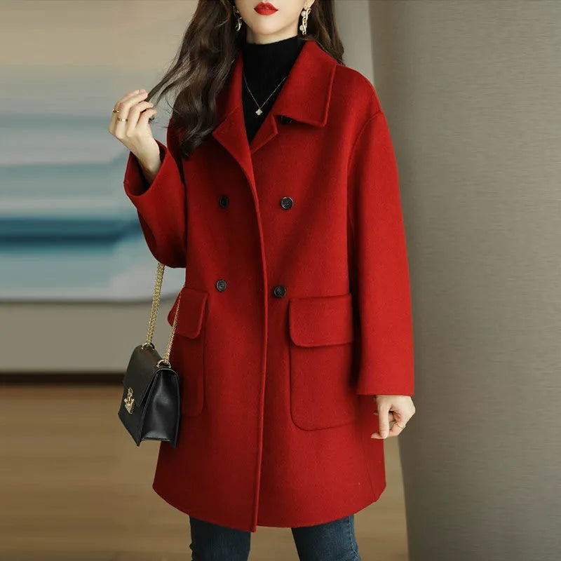 Classic women's long winter coat, elegant double-breasted design for warm & structured outerwear.