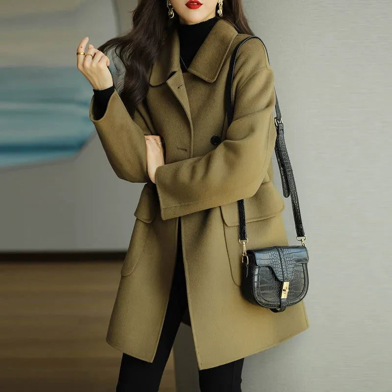 Premium women's elegant long structured coat, ideal sophisticated outerwear for fall & winter fashion.