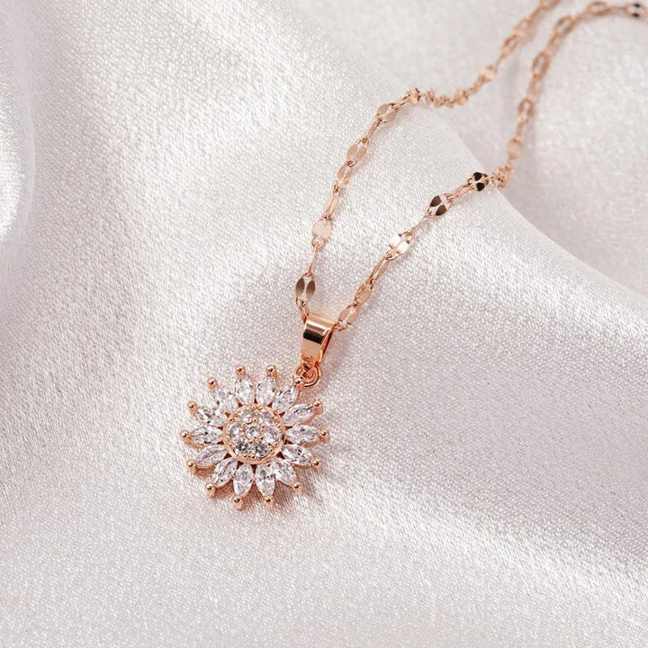 Elegant women's sunflower spin duo necklace in sterling silver with a rotating pendant, perfect gift for her.