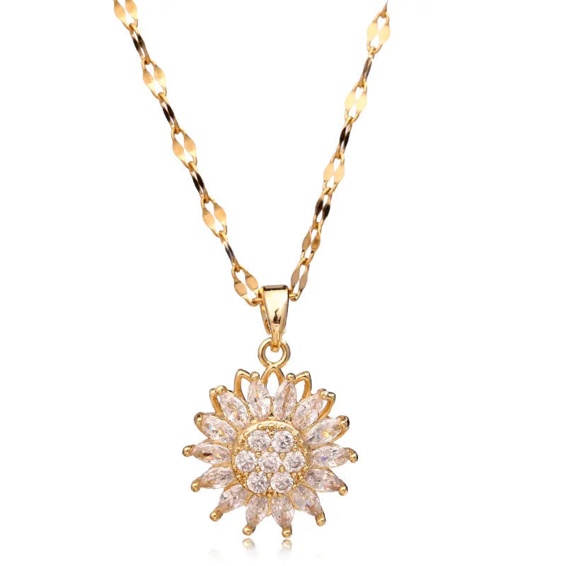 Sterling silver women's sunflower spin duo necklace, elegant rotating pendant with intricate floral design, adjustable.