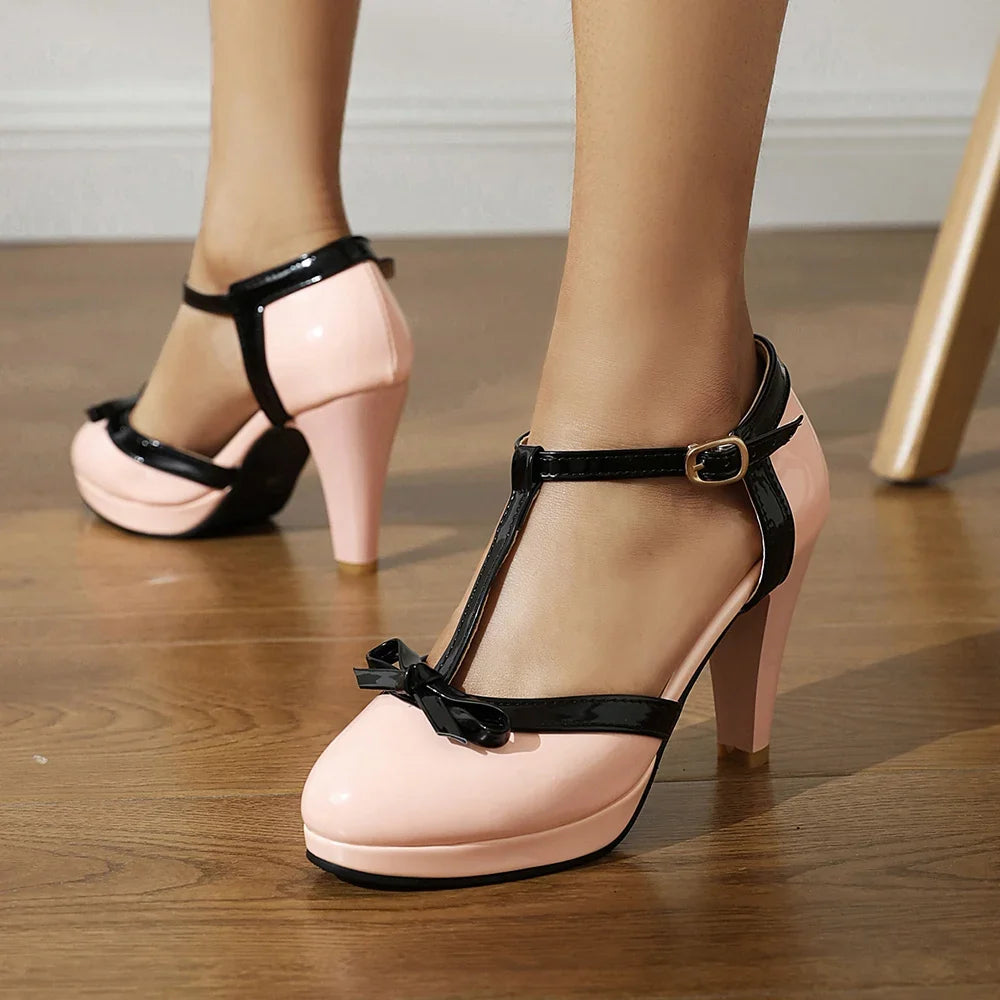 Formal women's T-strap block heels with a chic bow, non-slip sole, great for weddings & dressy occasions.