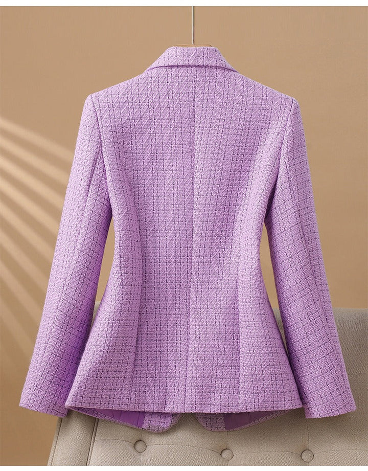 Classic women's tailored jacket, elegant design with pearl buttons, versatile for formal or chic fashion.