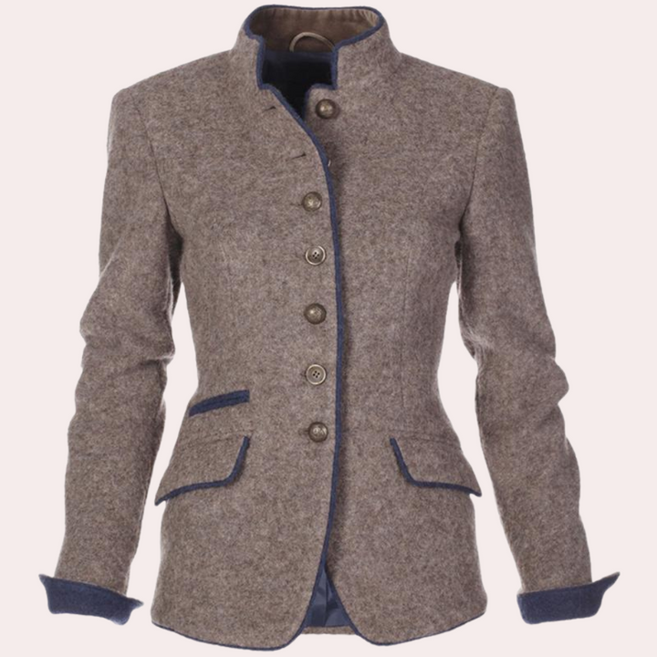 Elegant women's tailored brown blazer jacket, perfect for professional office attire & formal business fashion.