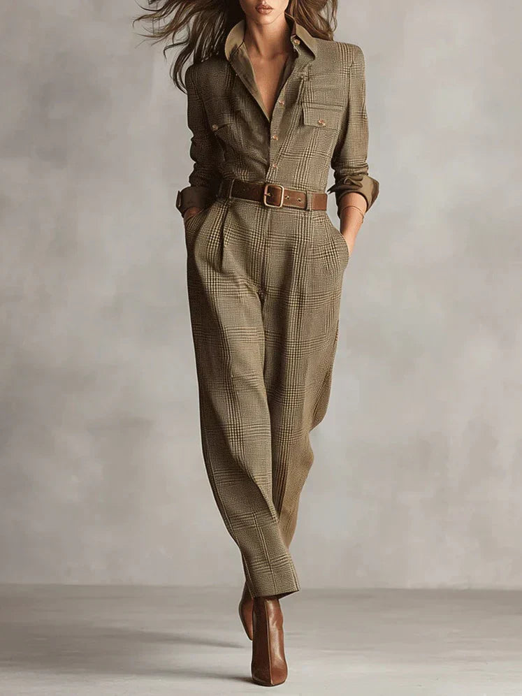 Elegant women's tailored brown jumpsuit with belt, perfect for casual or workwear. Chic and sophisticated style.