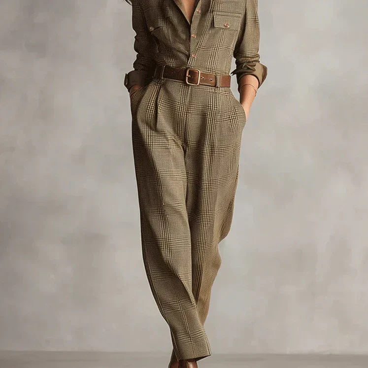 Sophisticated women's tailored brown jumpsuit with a stylish belt, offering elegant casual fashion for any occasion.