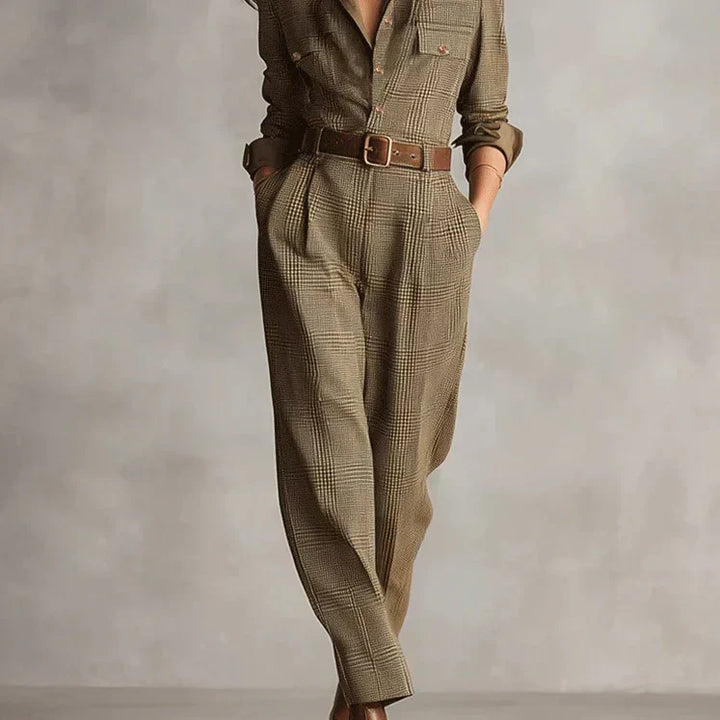 Sophisticated women's tailored brown jumpsuit with a stylish belt, offering elegant casual fashion for any occasion.