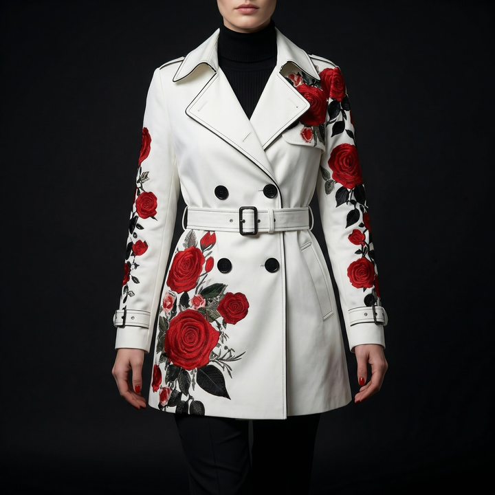 Elegant women's tailored coat with beautiful rose print. Perfect chic outerwear for fashion.