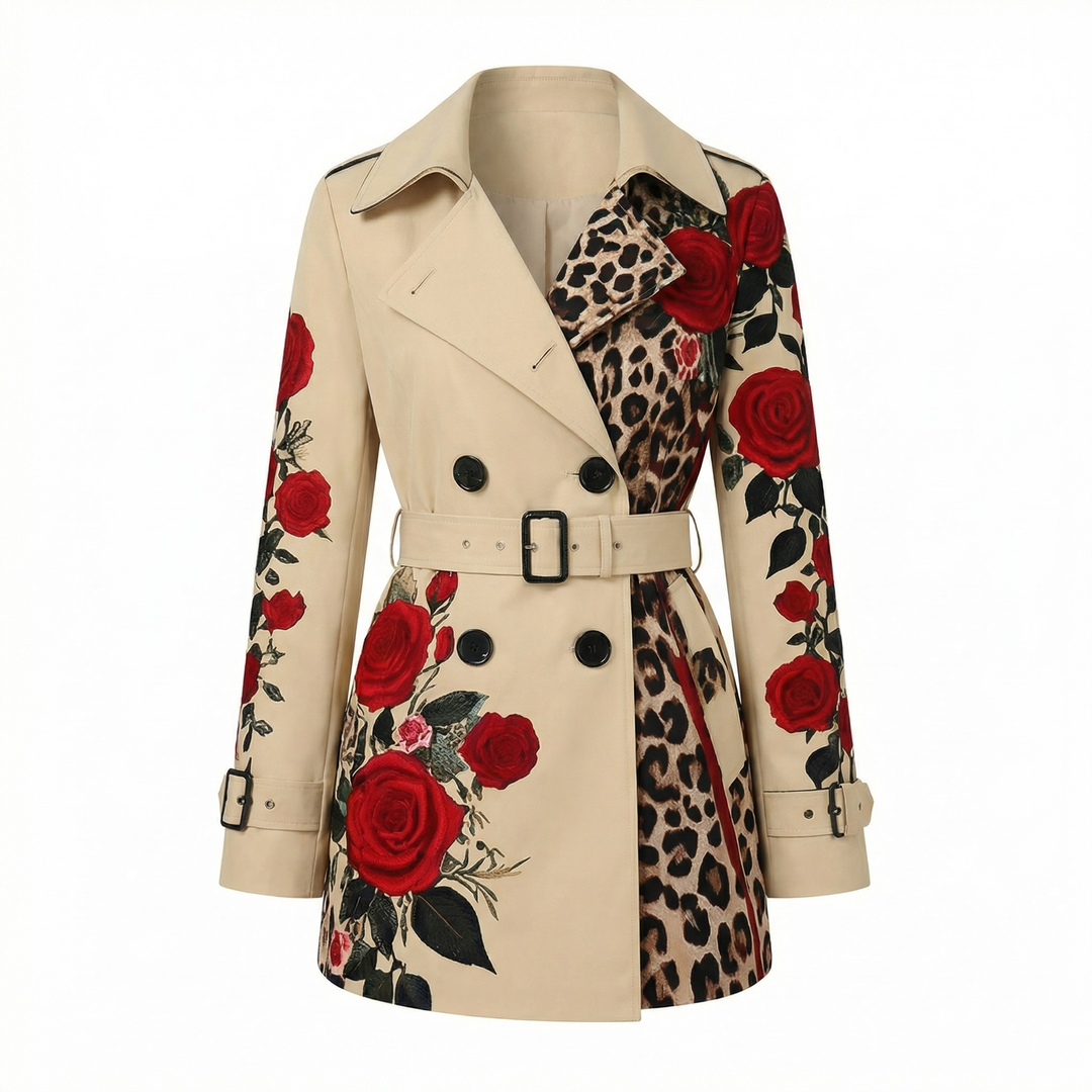 Fashion-forward women's tailored coat, showcasing an elegant rose print. Stylish and chic.
