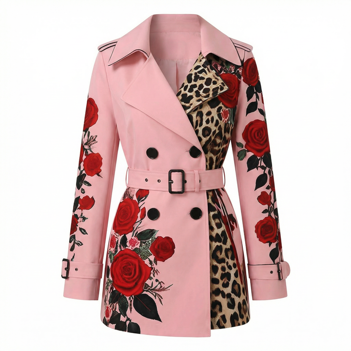 Chic women's tailored coat with a beautiful rose print. Elegant and stylish floral outerwear.